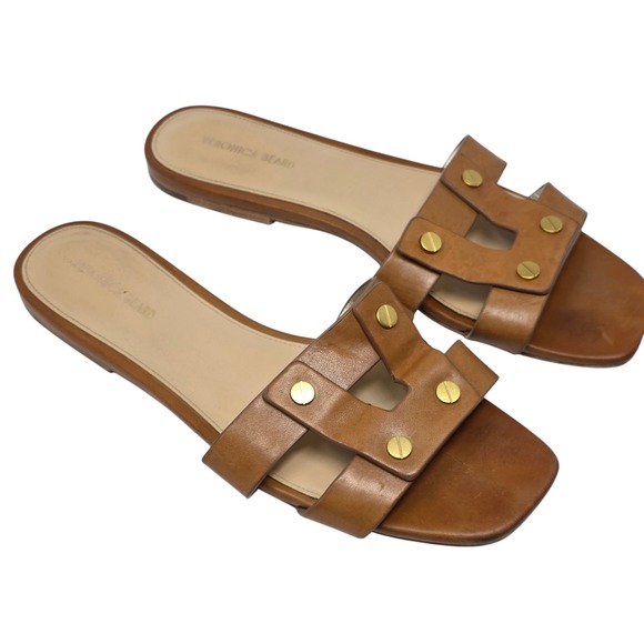 Veronica Beard Via Slide Sandal Tan Leather Studded Flat Women Size 9 Minimalist - Picture 3 of 13